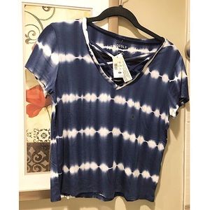 Woman’s Blue and White Crisscross Neck T-Shirt